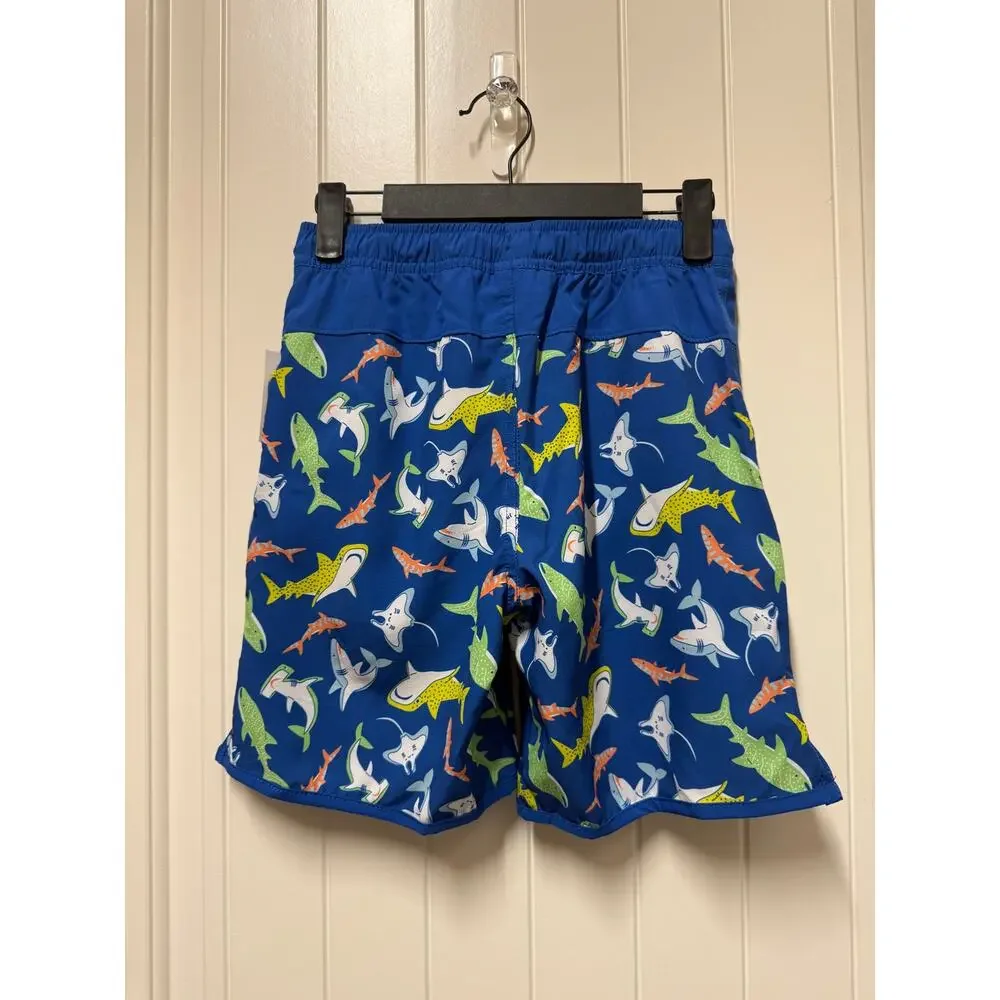 Lands End Boys Swim UPF 50+ Comfort Hydroliner SwimTrunks Neon Blue Sharks Large